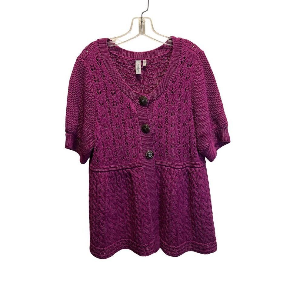 Purple Short-Sleeve Knit Cardigan Sweater With Button Front & Cable Details  XL
